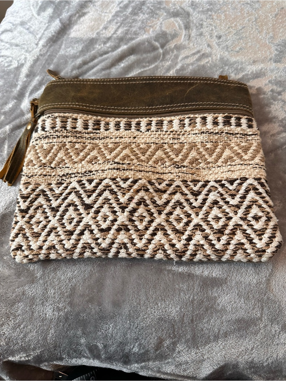 Myra Bag Leather & Recycled Canvas in  Olive w/Cream and Brown Woven Front GUC